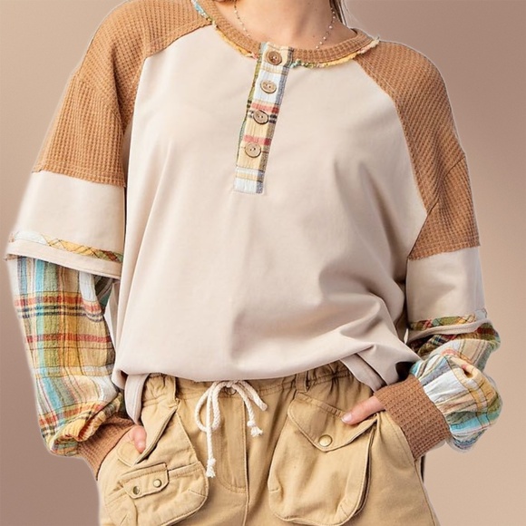 EASEL "Alabama Top - Talladega" Loose Fit Henley Layered Look Mineral Washed Top - Picture 8 of 14